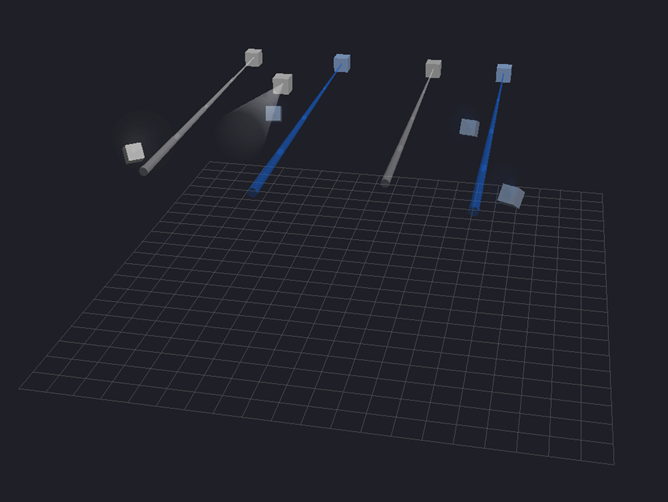 Lite's 3D show designer showing fixtures and beams over a stage grid