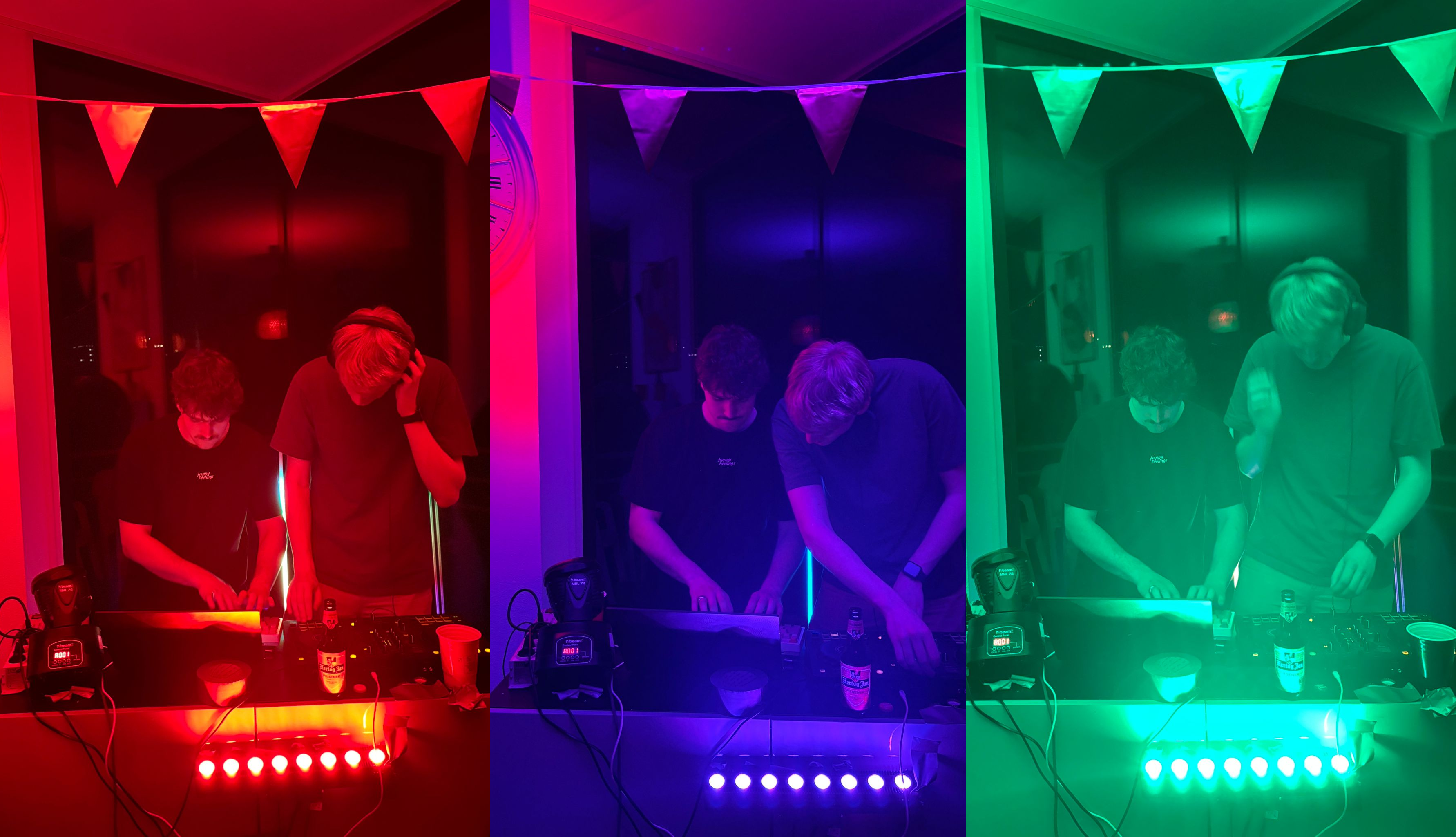 Lite running live: a rig lit in red, blue, and green across three moments of a night