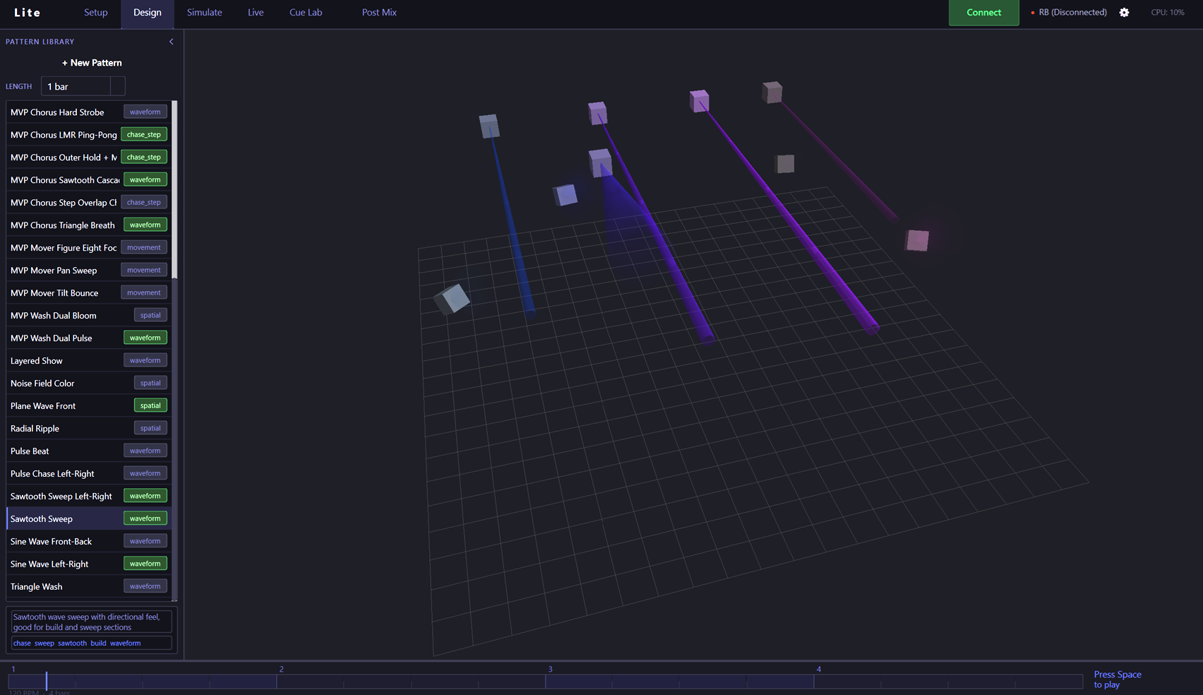 Lite's 3D show designer: pattern library and a live 3D view of fixtures and beams